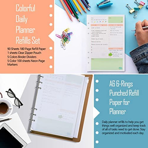 Rancco A6 Planner Inserts Daily Planner Refills, 90 Pages Colorful 6-Ring Loose-leaf Binder Planner Inserts w/ Divider, PVC Pouch, Ruler, Index Tab for Journal, Filofax, Double-sided, Undated,6.9x3.7"