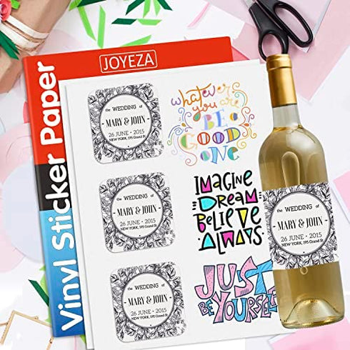 JOYEZA Premium Printable Vinyl Sticker Paper for Inkjet Printer - 25 Sheets Glossy White Waterproof, Dries Quickly Vivid Colors, Holds Ink well - Inkjet & Laser Printer