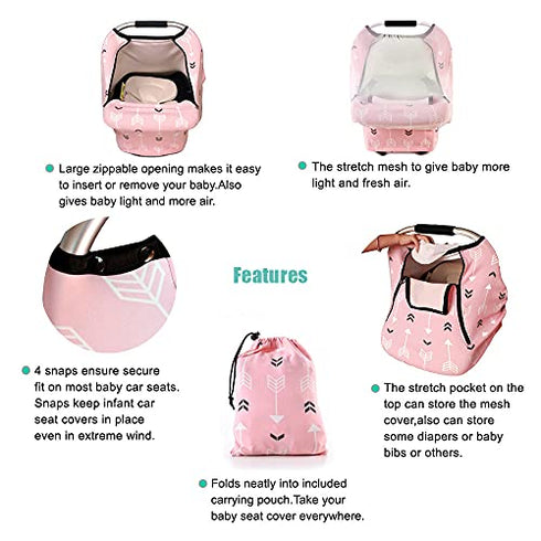 Baby Car Seat Covers-Acrabros Multifunctional Infant Carseat Canopy for Boys Girls,Stretchy Breathable Adjustable Peep Window Universal Fit Pink"Baby Arrow"