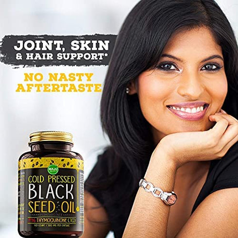 MAJU's Black Seed Oil Capsules - Cold Pressed, 2% Thymoquinone, 100% Turkish Black Cumin Nigella Sativa Seed Oil, Organic BSO, Non-GMO, 100% Liquid Pure Blackseed Oil, 60 count, 500mg per capsule