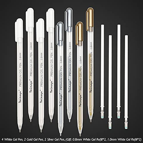 dainayw 3 Colors Gel Pen Set - White, Gold and Silver 0.8 mm Nibs Gel Ink Pens, Archival Ink Rollerball Pens for Black Paper Drawing, Sketching, Illustration Design and Adult Coloring Book, Pack of 8