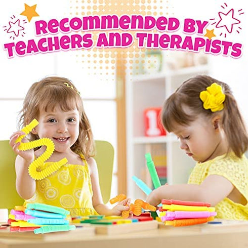 Pop Tubes Mini 24 Packs, Sensory Fidget Stretch Tubes Bulk for Kindergarten, Stress Relief for AHD, ADD Toddlers, DIY Learning Skills for Preschool, Valentine's Day Classroom Gifts Party Favors Prize