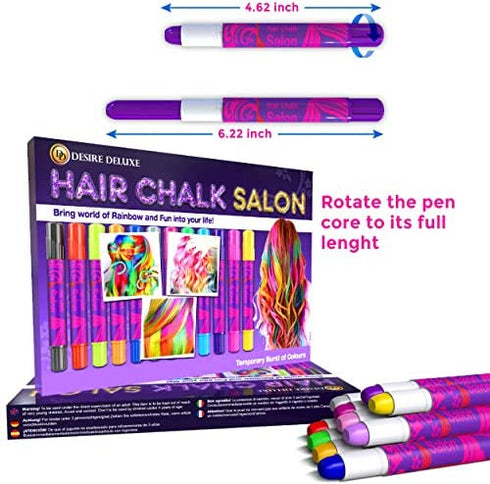 Desire Deluxe Hair Chalk Gift for Girls Makeup Kit of 10 Temporary Colour Pens Gifts, Great Toy for Kids Age 5 6 7 8 9 10 11 12 13 Years Old