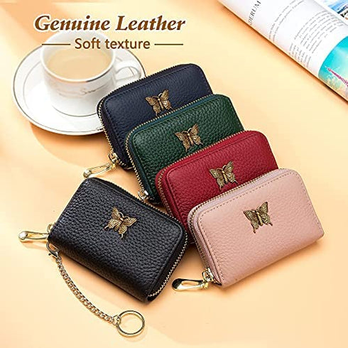 imeetu RFID Credit Card Holder for Women Small Leather Zipper Card Case Wallet with Removable Keychain (Blue)