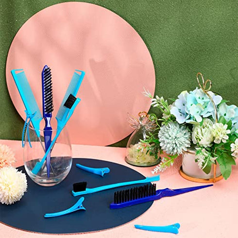 12 Pieces Hair Brush Set, Nylon Teasing Hair Brushes 3 Row Salon Teasing Brush, Double Sided Hair Edge Brush Smooth Comb Grooming, Rat Tail Combs with Duckbill Clips for Women Girls (Blue)