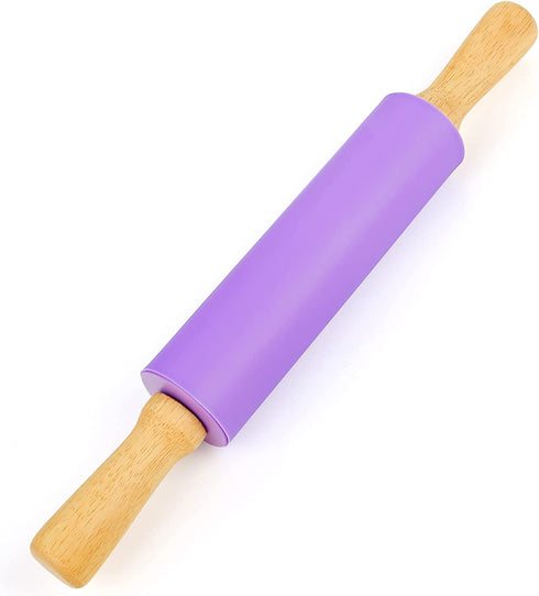 Koogel 15 Inch Silicone Rolling Pin, Purple Rolling Pin Handle Rolling Pin Non-Stick Silicone Rolling for Home Kitchen Cake