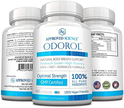 Approved Science Odorol - 60 Capsules - Freshen Bad Breath and Body Odor - Contains L.acidophilus, Green Tea, Magnolia Bark, Peppermint Oil, and Fennel - All Natural, Vegan Friendly, Non-GMO