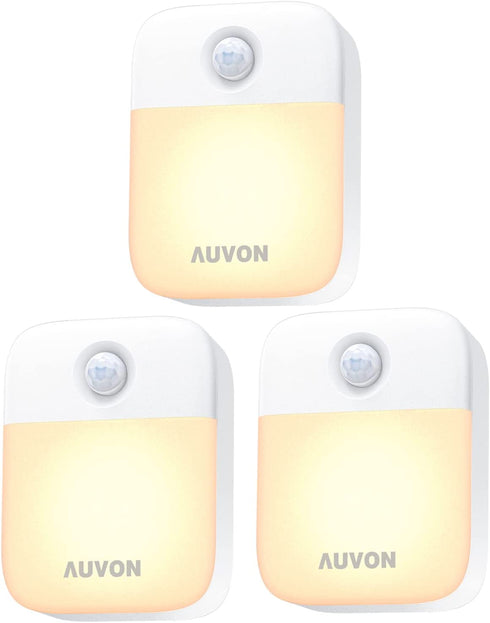 AUVON Motion Sensor Closet Lights, Stick-On Cordless Battery Operated LED Night Light with High & Medium Brightness, Stick Anywhere Wall Lights for Hallway, Stairs, Kitchen, Bathroom, Bedroom (3 Pack)