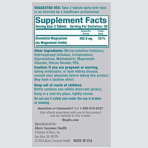 Mag-Ox Magnesium Supplement, Pharmaceutical Grade Magnesium Oxide, Most Concentrated Form of Magnesium, 483mg, 240 Tablets (2 Packs of 120 Tablets)