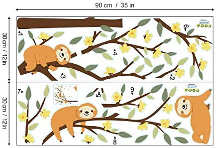 decalmile Large Tree and Sloths Wall Decals Kids Wall Stickers Baby Nursery Childrens Bedroom Wall Decor (Tree Size: 46 Inches)