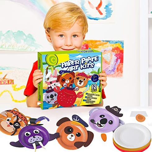 Art Craft Gift for Kids - 12 Paper Plate Art Kit Toy for 2, 3, 4, 5 Years Old Boys Girls Toddler, DIY Animal Art Supplies for Children Preschool Classroom/ Party Favor/ Birthday/ Christmas Game Crafts