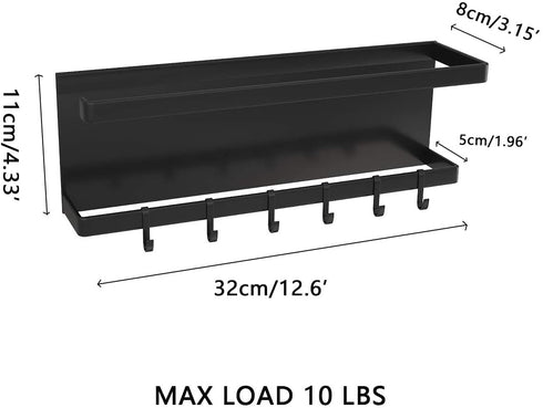 Magnetic Paper Towel Holder for Refrigerator with 6 Hooks, Kitchen Towel Rack with Strong Magnet, Magnetic Shelf Multi Function Made of Iron,Used for Kitchen, Drill Free (Black, with 6 Hooks)
