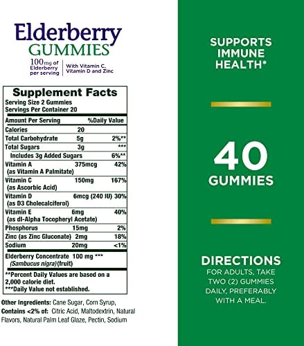 Nature’s Bounty Elderberry Gummies, Immune Support, Contains Vitamin A, C, D, E and Zinc, 40 Gummies