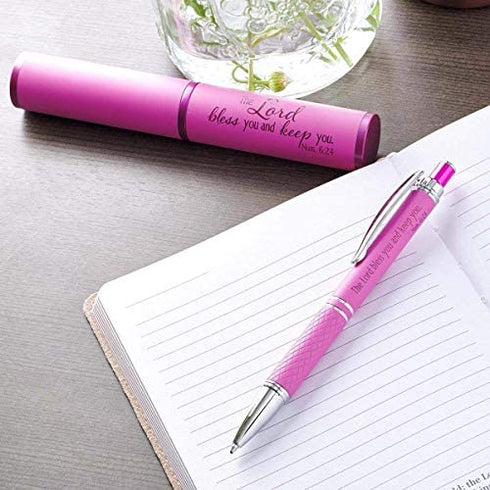 The Lord Bless You Pink Stylish Classic Pen in Matching Gift Case - Numbers 6:24 Bible Verse Refillable Retractable Medium Ballpoint Pen for Journal Planner Writing Note Taking Calendar Agenda