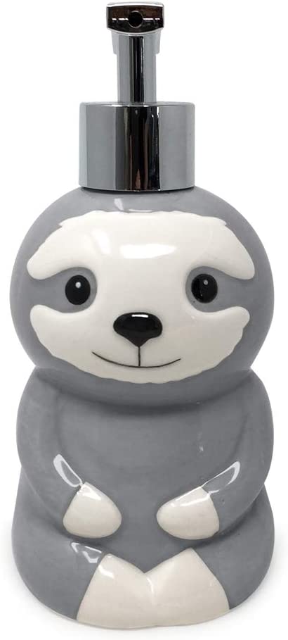 Isaac Jacobs Gray & White Ceramic Sloth, Liquid Soap Pump/Lotion Dispenser with Chrome Metal Pump (Holds Up to 12 Oz.) Great for Bathroom, Kitchen Countertop, Bath Accessory (Sloth)
