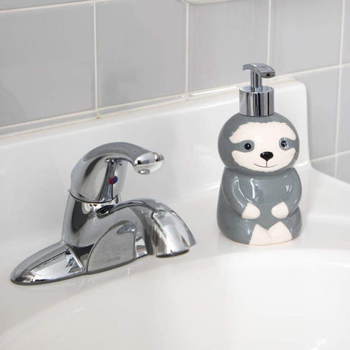 Isaac Jacobs Gray & White Ceramic Sloth, Liquid Soap Pump/Lotion Dispenser with Chrome Metal Pump (Holds Up to 12 Oz.) Great for Bathroom, Kitchen Countertop, Bath Accessory (Sloth)