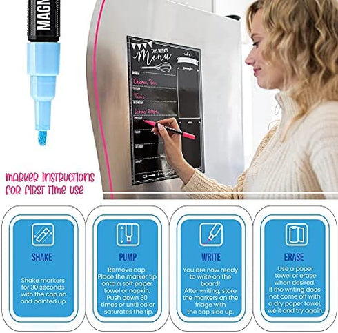 Magnetic Dry Erase Menu Board for Fridge with 3 Bright Neon Chalk Markers - 16x12" - Weekly Meal Planner Blackboard and Grocery List Notepad for Kitchen Refrigerator - Whiteboard Chalkboard Magnet