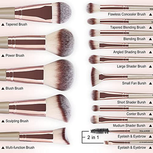 MAANGE Makeup Brushes 15 Pcs Professional Synthetic Makeup Brushes Set Foundation Contour Concealer Blush Powder Make Up Brushes With 1 Makeup Sponge & 1 Brush Cleaner (Champagne)