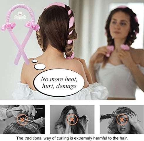 Heatless Curling Rod Headband, IENIN No Heat Curlers Hair Rollers to Sleep in Curl Ribbon with Scrunchies Hair Clips Overnight Hair Curlers for Women Long Hair Styling Tools(Pink)