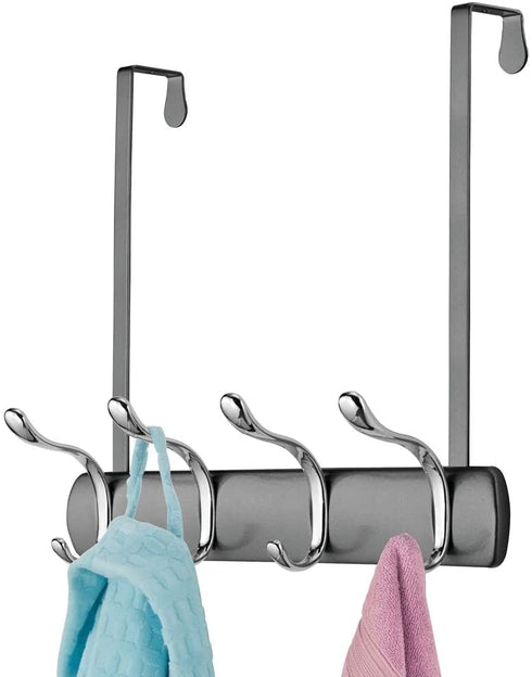 mDesign Decorative Over Door 8 Hook Metal Storage - Long Easy Reach Organizer Rack for Coats, Hoodies, Hats, Scarves, Purses, Leashes, Bath Towels, Robes, Men, Womens Clothing - Graphite Gray/Chrome