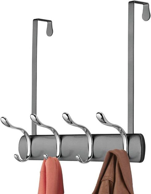 mDesign Decorative Over Door 8 Hook Metal Storage - Long Easy Reach Organizer Rack for Coats, Hoodies, Hats, Scarves, Purses, Leashes, Bath Towels, Robes, Men, Womens Clothing - Graphite Gray/Chrome