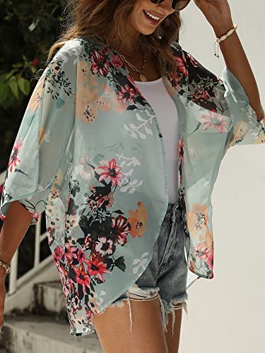 Chunoy Women Floral Print Lightweight Chiffon Kimono Cardigan Short Sleeve Loose Beach Wear Cover Up Blouse Top