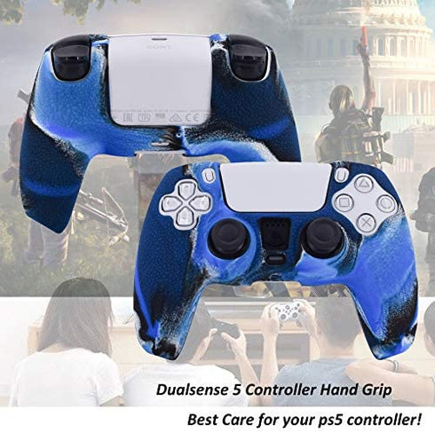 Skin for PS5 Controller Grips,Pandaren Texture Pattern Cover for Playstation 5 Controller Sweat-Proof Anti-Slip Silicone Cover Hand Grip with 8pcs FPS Pro Thumbsticks Cap Protector(Camouflage Blue)