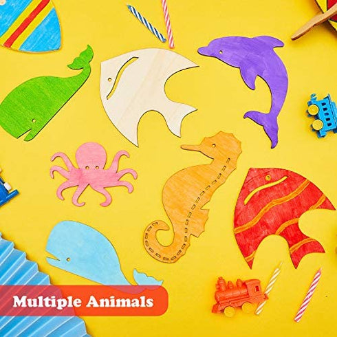 WILLBOND Unfinished Wood Cutouts Ocean Animals Wooden Paint Crafts for Kids Home Decor Ornament DIY Craft Art Project, Octopus, Shark, Whale, Dolphin, Seahorse, Fish Shape (28 Pieces)