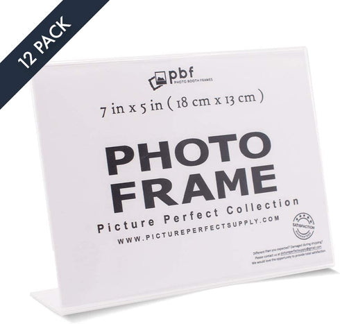 Photo Booth Frames - 7x5 Inch Clear Acrylic Display, Slanted Back 7x5 Horizontal Picture or Display Plastic Sign Holder with Inserts - 12 Count