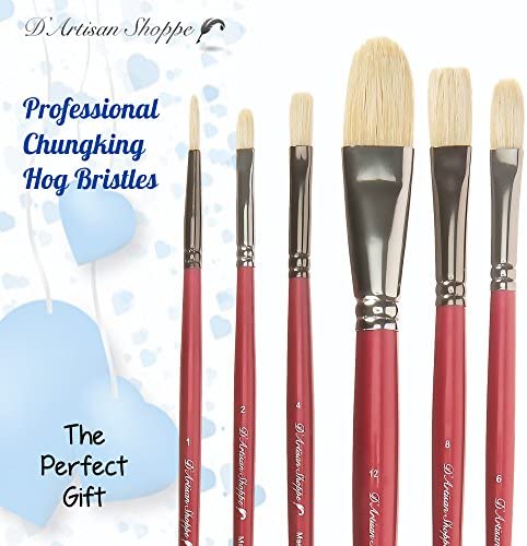 Oil Acrylic Paint Brushes Set. 100% Natural Chungking Hog Hair Bristle in Portable Organizer Plastic Container. 6pc Filbert Flat and Round Paintbrush Gift Kit.