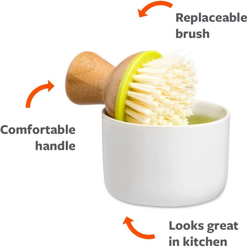 Full Circle Bubble Up Ceramic Soap Dispenser & Bamboo Handle Dish Brush Replaceable Kitchen Dish Scrubber with Soap Holder, Green
