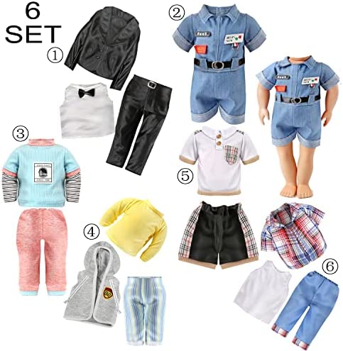 6 Sets Fashion 18 Inch Boy Doll Clothes Casual Wear Plaid Jacket Pants Sportswear Outfits with Tuxedo Suits for 18" Doll Accessories