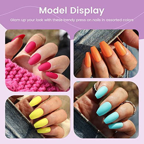 Press On Nails Neon Colors - 192 Pcs Short Coffin Acrylic Solid Fake Nails Glue On False Nails Kit for Women, 8 Solid Colors, Include Prep Pad, Tube Glue, Mini File, Cuticle Sticker and Adhesive Sticker