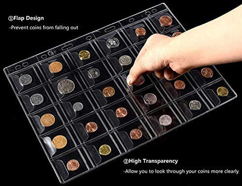 Ettonsun 10 Sheets 30-Pocket Coin Collecting Binders Pages, Coin Collection Supplies Coin Holder Pocket Inserts Collecting Sleeves for Most Coin Collection Album