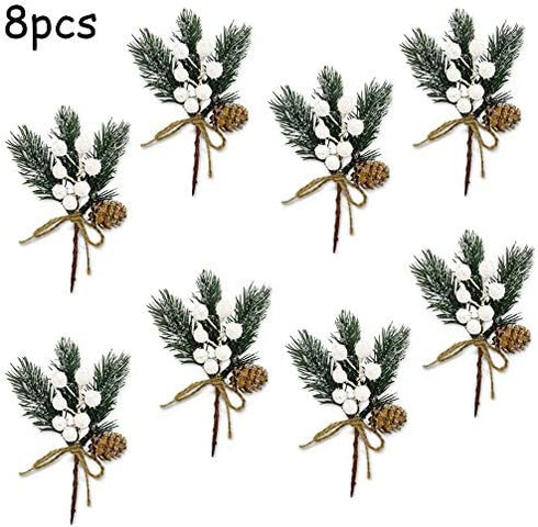 Artificial Christmas Picks 8 Pack, White Christmas Berries Stems Pine Branches Cones Holly Spray /Winter Holiday Floral Pick for Xmas Decor Wreath, Garland, Crafts, Xmas Tree, Gift Wrap, DIY Ornaments