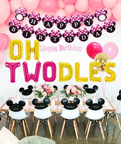 Cartoon Mouse Theme 2nd Birthday Decorations for Girls, Oh Twodles Number 2 Foil Balloon, Happy Birthday Banner and Cartoon Mouse Theme Cake Topper for Mouse Second Birthday Party Supplies