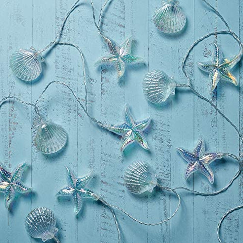 Lights4fun, Inc. 12.5ft Iridescent Seashell & Starfish Battery Operated 20 LED Indoor & Outdoor Beach Theme String Lights