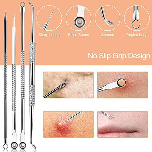 Black Head Remover Pimple Popper Tool Kit 10 Pcs, Comedone Pimple Extractor Tool, Acne Kit for Blackhead, Whitehead Popping, Zit Removing(Silver)