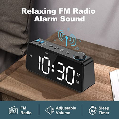 Digital Alarm Clock Radio for Bedroom - 0-100% Dimmer, FM Radio with Sleep Timer, Dual Alarm with Weekday/Weekend, USB Charging Port, Battery Backup, Snooze, Easy to Set, for Bedside Table, Desk