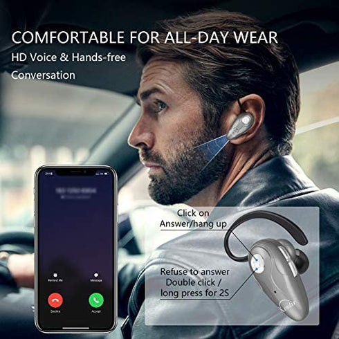 Bluetooth Headset, Kendir V5.0 Ultralight Wireless Headphone Cell Phone Earpiece with Mic Headsetcase, Volume Control, Handsfree Earbud for iPhone, Android,Samsung Smartphone (Gray)