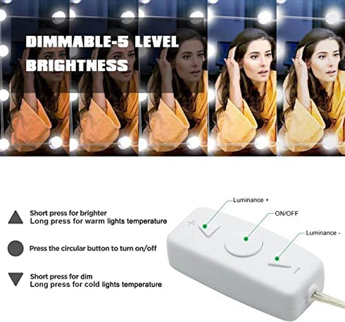 Pretmess Hollywood Style Vanity Mirror Lights Kit, Adjustable Color and Brightness with 10 LED Light Bulbs, Lighting Fixture Strip for Makeup Vanity Table Set in Dressing Room (Mirror Not Include)