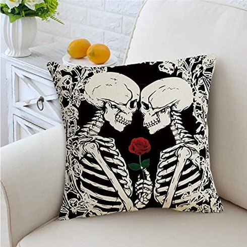 QIQIANY Skull Couple Decorative Throw Pillow Cover 18x18 Inch Square Linen Fabric Black Goth Skull Lovers Skeletons Pillow Case Home Decor Art Skull Pillow Cushion Cover for Sofa Kitchen Bedroom