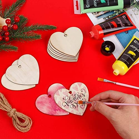 Wooden Hearts for Crafts - 30 Pcs 3" Natural Heart Wood Slices Unfinished Predrilled DIY Heart Wooden Ornaments Heart Shape Wood Cutouts with Glitter Heart Foam Stickers for Valentine's Day