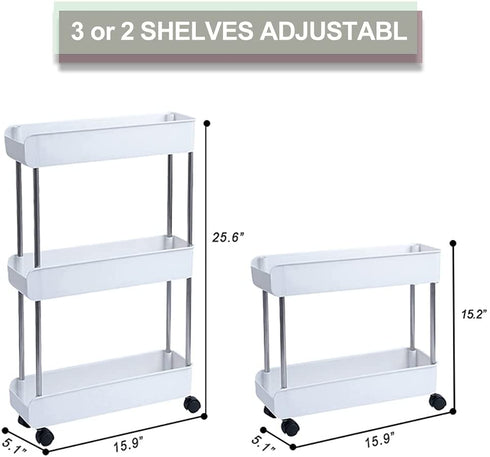 Slim Storage Cart, 3 Tier Mobile Shelving Unit Organizer, Slide Out Rolling Utility Cart Shelf Rack for Kitchen Bathroom Laundry Room Narrow Places, Plastic & Stainless Steel, White