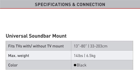 Barkan Universal Soundbar Mount, Adjustable Bracket for Mounting Above or Under The TV, Sizes 13-80 inch, Fits Most of Sound Bars Up to 14 lbs, Easy Assembly Black