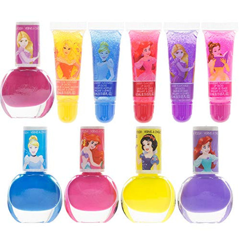 Townley Girl Disney Princess Sparkly Cosmetic Makeup Set for Girls with Lip Gloss Nail Polish Nail Stickers - 11 Pcs|Perfect for Parties Sleepovers Makeovers| Birthday Gift for Girls above 3 Yrs