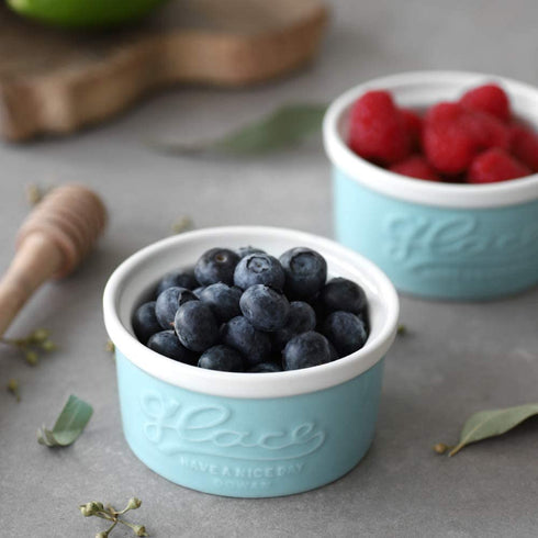 DOWAN 4 oz Ramekins - Ramekins for Creme Brulee Souffle, Porcelain Ramekins Oven Safe, Mason Style Embossed Ramekins Bowls Ramekins for Baking, Set of 6, Blue