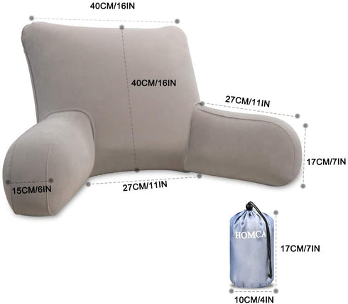 HOMCA Reading Pillow, Inflatable Backrest Pillow with Arms Great as Travel Camping Pillow for Lumbar Back Support, Gray