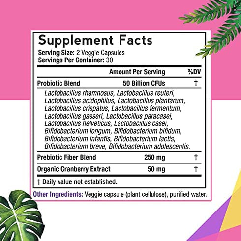 Doctor's Recipes Women’s Probiotic, 60 Caps 50 Billion CFU 16 Strains, with Organic Prebiotics Cranberry, Digestive Immune Vaginal & Urinary Health, Shelf Stable, Delayed Release, No Soy Gluten Dairy