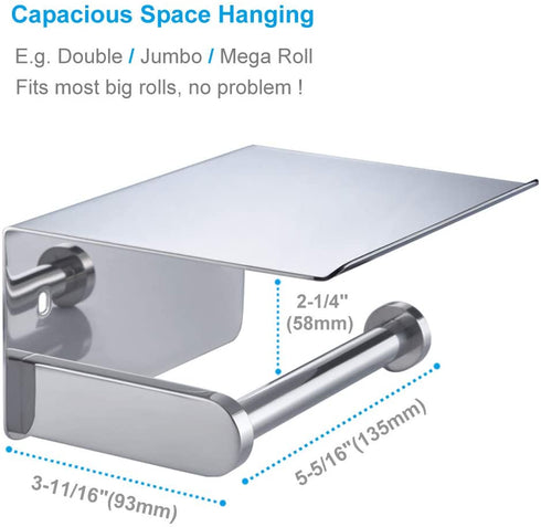 APLusee Toilet Paper Holder with Phone Shelf Polished Chrome, SUS 304 Stainless Steel Bathroom Accessories Tissue Roll Dispenser Storage Wall Mounted